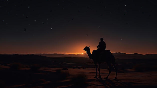 Foto mira israj sullo sfondo nel deserto sotto la stella mattutina con la silhouette di un cammello