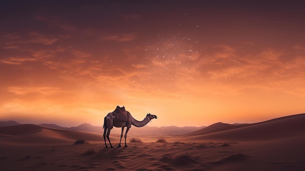 写真 ラクダのシルエットで朝の星の下の砂漠のミラージュの背景