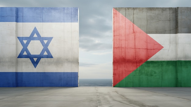写真 壁にイスラエルとパレスチナの国旗