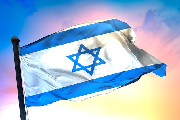 イスラエル国旗、3 d フラグ、および色の背景。