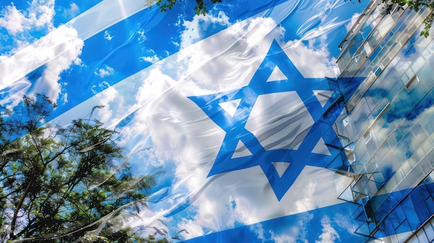 Photo israel flag on a background against a blue sky in the rays of the rising sun israel independence day