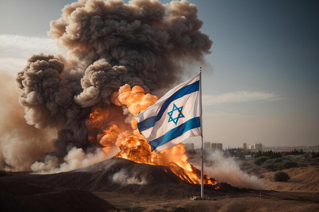 Photo israel flag in the middle of jerrusal war with ashes in the sky