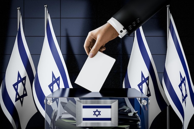 Photo israel flags hand dropping ballot card into a box voting election concept 3d illustration