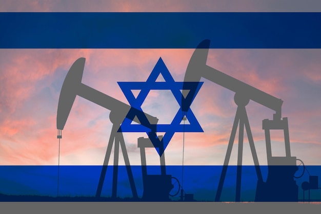 Israel oil industry concept industrial illustration Israel flag and oil wells stock market exchange economy and trade oil production
