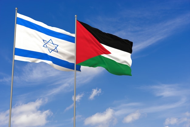 Israel and Palestine flags over blue sky background. 3D illustration