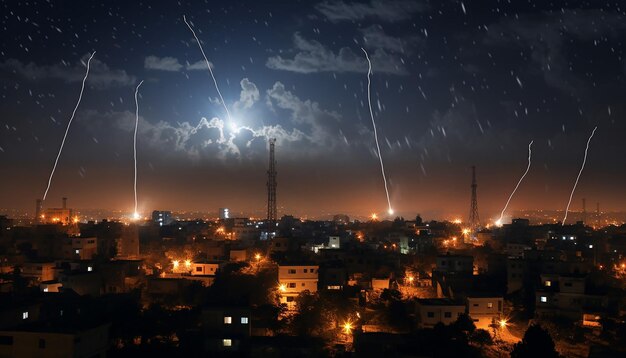 Israel's iron dome system intercepts rockets on a night sky