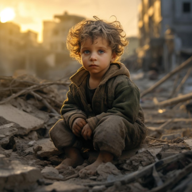 Israeli child in the wreckage of war with a sad face