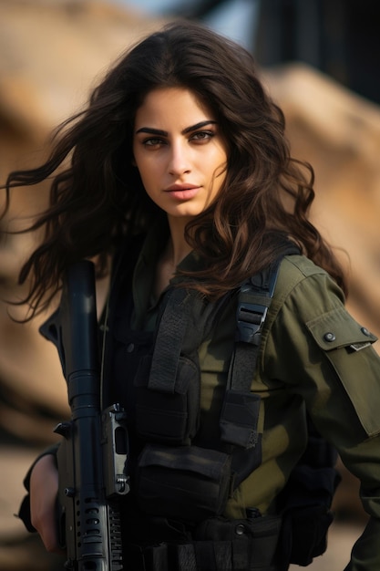 Israeli patriot girl in military uniform with a weapon