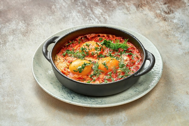 Israeli scrambled eggs shakshuka with tomatoes and onions. Close-up, selective focus