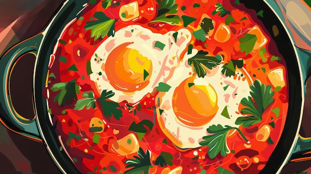 Israeli Shakshuka breakfast with eggs abstract generative background stock photo style illustration1