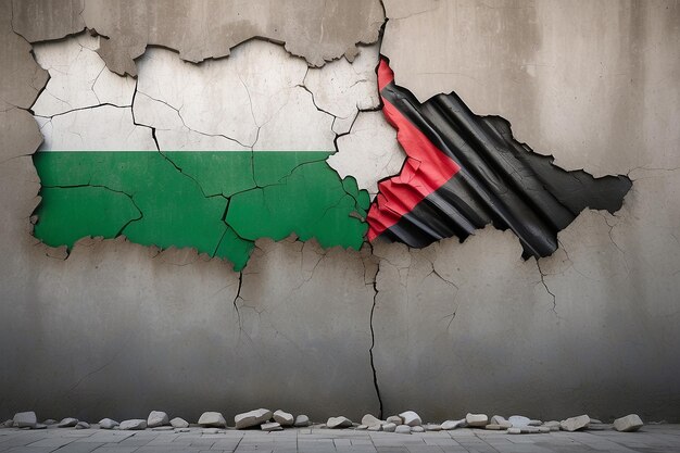 Israëlische en Hamas vlaggen geschilderd over gebarsten betonnen muur en lava stroomt achter Israël tegen Hamas oorlog