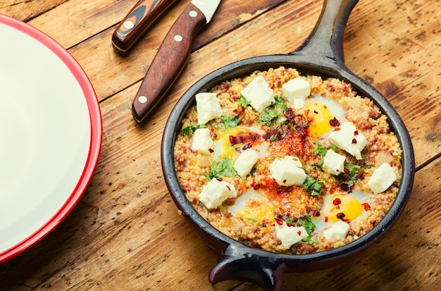 Israëlische shakshuka gemaakt van gebakken eieren, tomaat, lamsgehakt en hete kruiden.