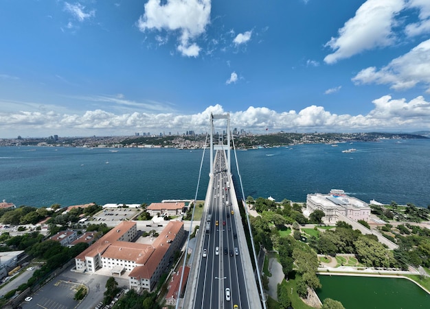 Istanbul Bosphorus Bridge en City Skyline op de achtergrond met de Turkse vlag bij Beautiful Sunset Aerial slide orbiting and tracking shot