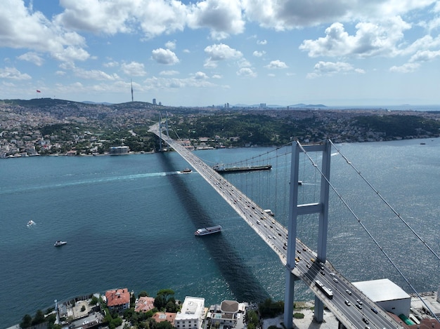 Istanbul Bosphorus Bridge en City Skyline op de achtergrond met de Turkse vlag bij Beautiful Sunset Aerial slide orbiting and tracking shot