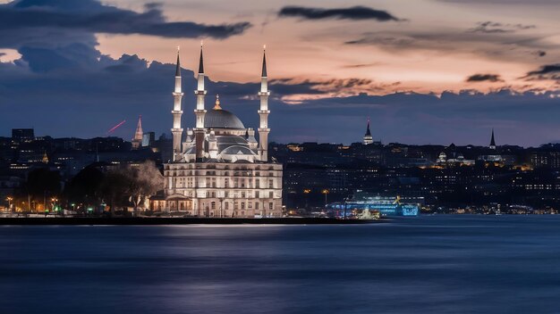 Istanbul at night beautiful view of the sea sky and city lights