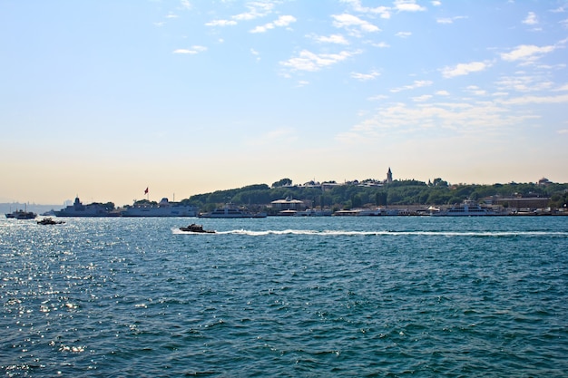 Istanbul seascape - daytime view with city lines boats