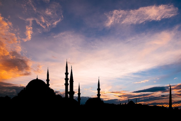 Istanbul stadsgezicht met beroemde moskee bij zonsondergang