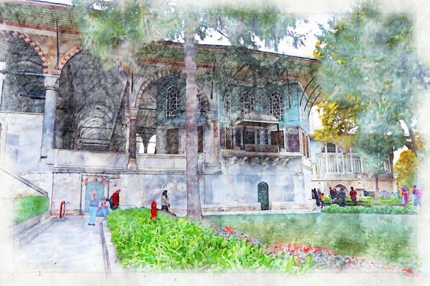 Photo istanbul -topkapi palace is the palace where the ottoman sultans lived and used as the administrative center of the state for 400 years of the ottoman empire. watercolor artistic work.