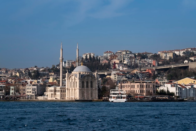 Istanbul Turkey 02252023 Ortakoy Mosque Buyuk Medjidie Kamii in Besiktas district on the embankment of the Ortakoy Pier Square from the waters of the Bosphorus