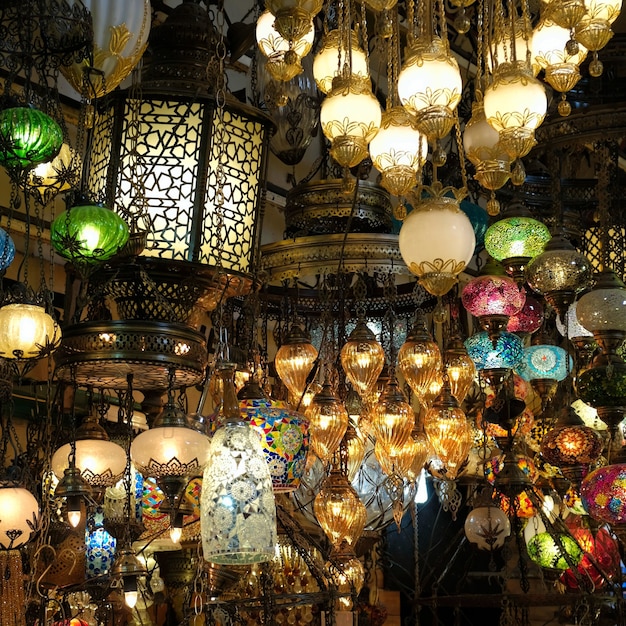 ISTANBUL, TURKEY - MAY 25 : Lights for sale in the Grand Bazaar in Istanbul Turkey on May 25, 2018