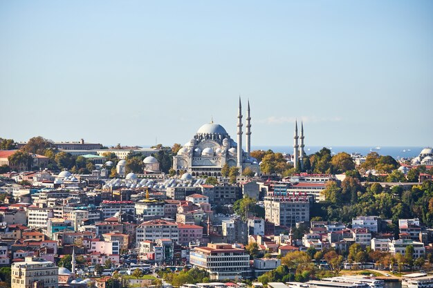 ISTANBUL / TURKEY - OCTOBER 10, 2019: Old great Suleymaniye Mosque in Istanbul, Turkey is a famous landmark of the city. Magnificent Islamic Ottoman architecture.