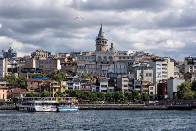 Istanbul Turkey September 5 2021 Panoramic view of Galata Tower from Eminonu