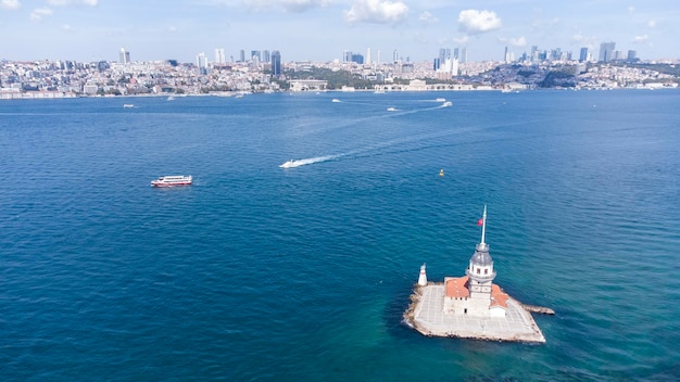 Istanbul - Turkey, September 8, 2021, Aerial Drone View of Maiden's Tower in Uskudar Istanbul - Kiz Kulesi, Turkey