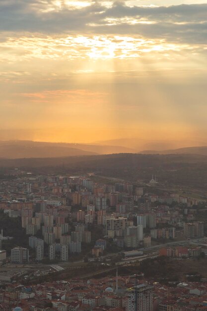 Istanbul view from air shows us amazing sunset scene