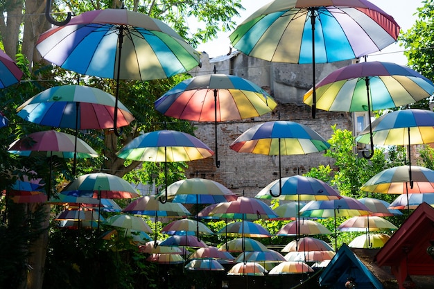 Istanbul39s colorful street with colorful wooden huts and hanging umbrellas