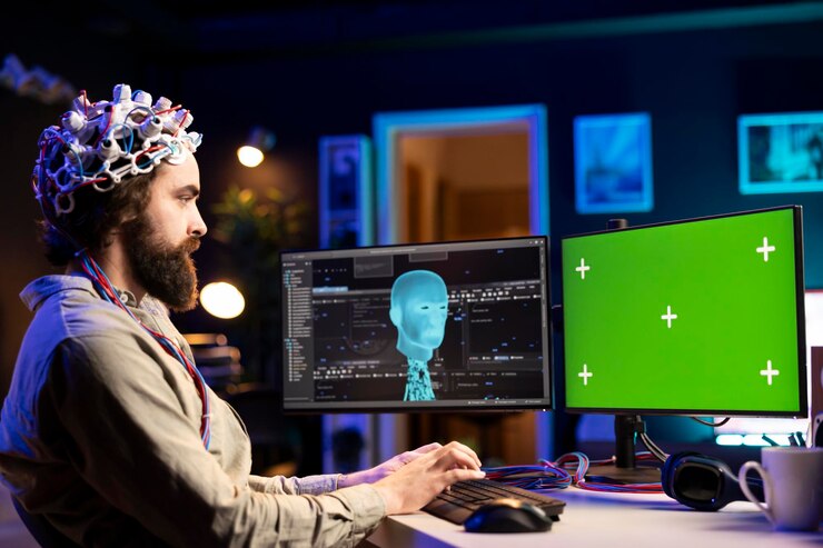 Photo it admin using high tech neuroscientific gear and mockup computer