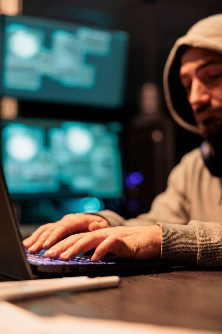 Photo it coder hacking security system on computer, using development malware to steal big data from server. working at night with multiple monitors to hack important information, cybercrime.