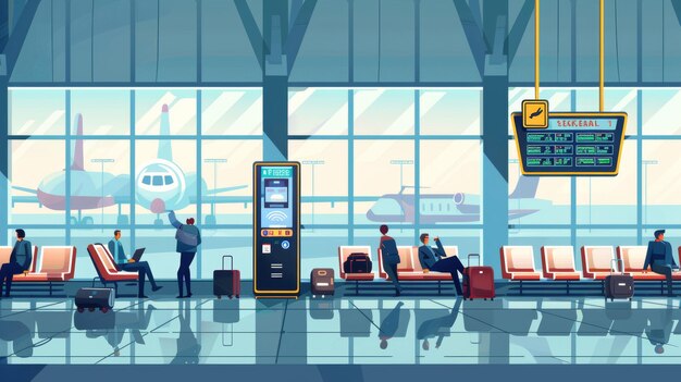 It depicts an airport terminal with waiting people chairs luggage a security scanner and a display of schedule information It also shows a view of the plane from the departure area and a metal