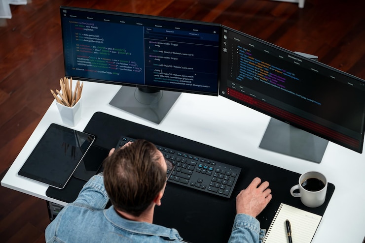 Photo it developer analyzing code online software development information sellable