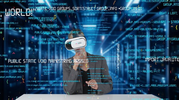 It developer analyzing intelligent coder system running data by vr contraption