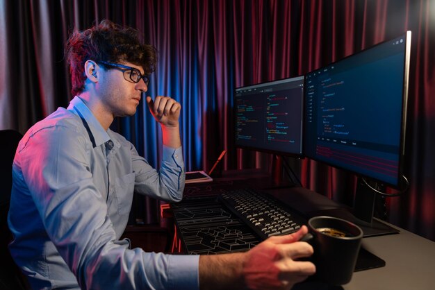IT developer thinking online software and holding coffee cup Gusher