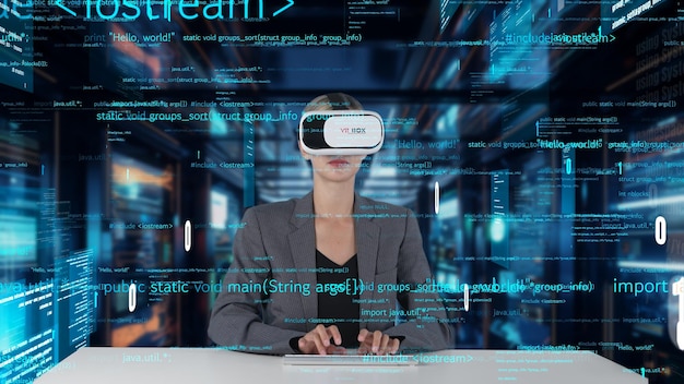 It developer typing computer code for analyzing intelligent by vr contraption