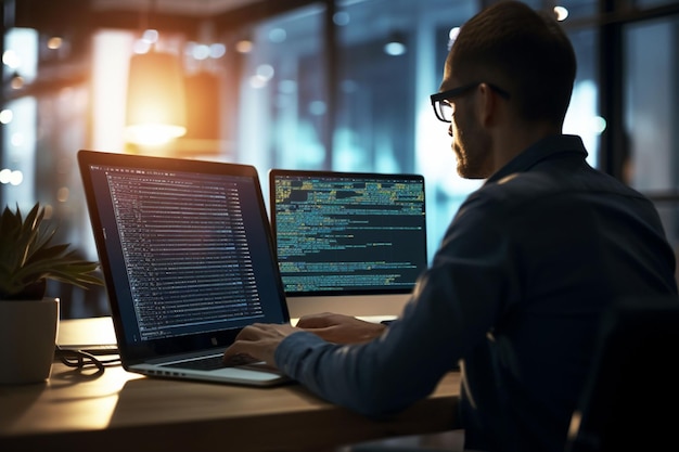 it developer typing on pc and laptop with programming code on screen using php language