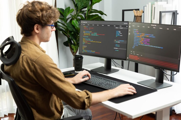 Photo it developer with stressful overworked in creating online software code gusher