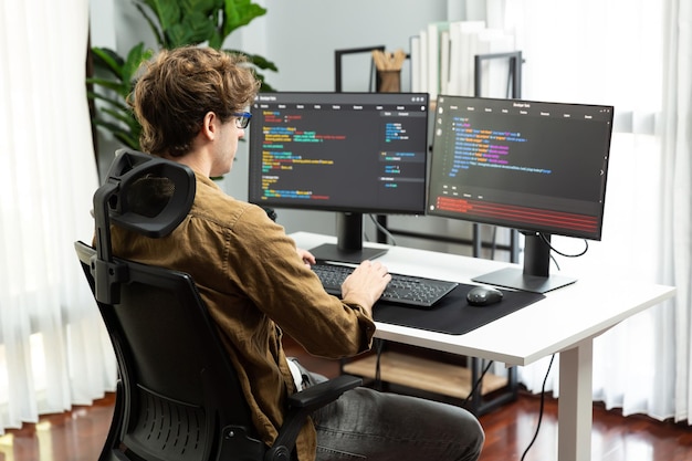 IT developer with stressful overworked in creating online software code Gusher