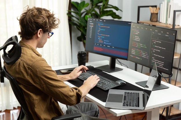 it developer with stressful overworked in creating online software code gusher