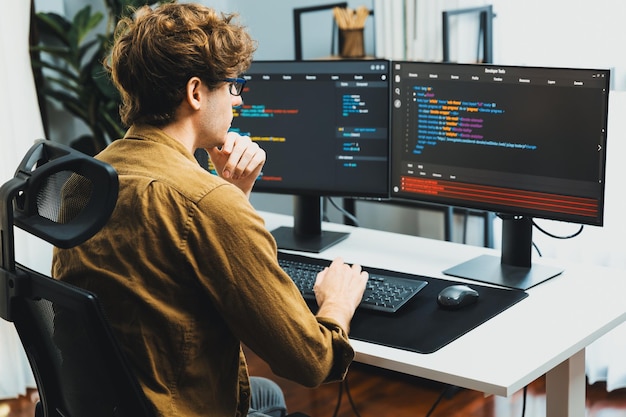 IT developer with stressful overworked in creating online software code Gusher