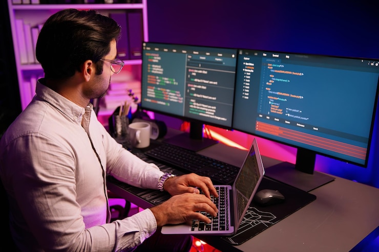 Фотография it-разработчик работает на ноутбуке для поиска кодовой системы в офисе с неоновым освещением surmise