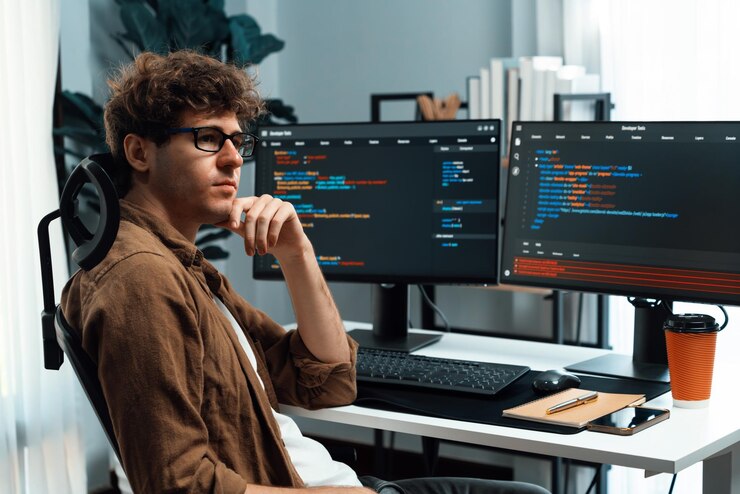 Photo it developer working online software development coding on pc screens gusher