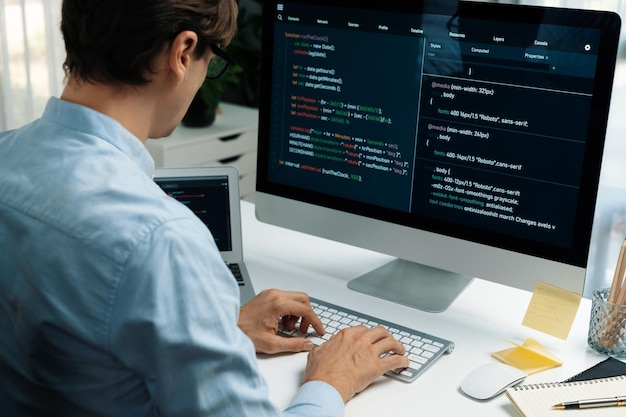 IT developer working online software development on pc and laptop Pecuniary