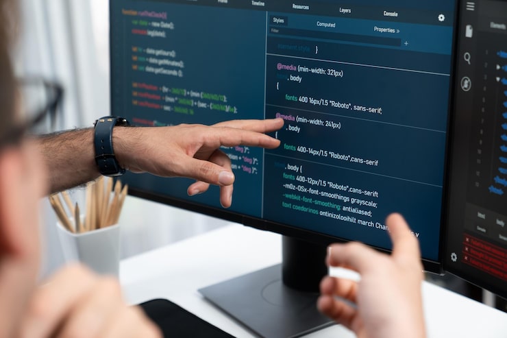 Photo it developers creating online software development information on screen laptop with coding program in data of application and website technical engineer coder on safety program concept sellable