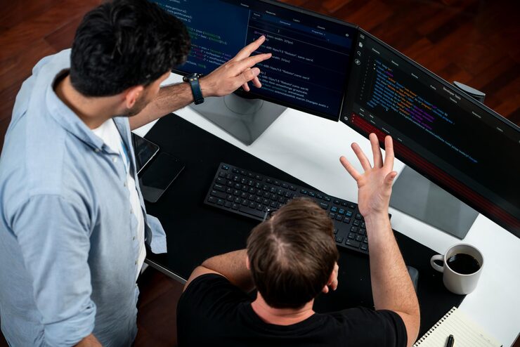 Photo 컴퓨터 화면에서 온라인 소프트웨어 개발 정보를 논의하는 it 개발자, 웹 사이트에서 최신 버전 응용 프로그램에 대한 프로그램 코딩, 브레인 스토밍 개념, 웨어 업데이트, 판매 가능