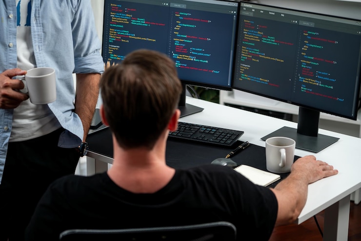 Photo it developers discussing online software development information sellable