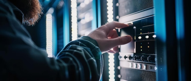 Photo it engineer installs hard drive into server rack in fully working data center technically accurate footage