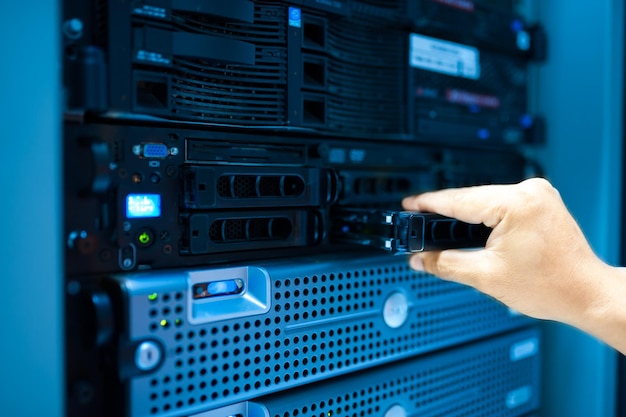 IT engineer repairing a server in a datacenter