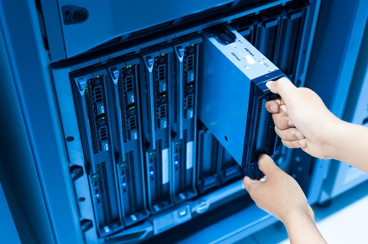 Photo it engineer repairing a server in a datacenter